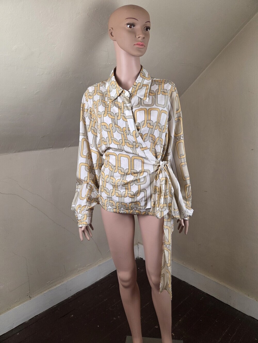 Debra deRoo 100% Silk Wrap Blouse XL NWT Chain Print Tie Waist Luxury Top $248